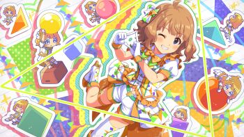 1girl blue_eyes boots bow bowtie brown_hair chibi circle commentary_request game_cg gloves grin hair_ornament hands_up idolmaster idolmaster_million_live! idolmaster_million_live!_theater_days jacket official_alternate_costume official_art one_eye_closed puffy_short_sleeves puffy_sleeves shirt short_hair short_sleeves smile square suou_momoko suou_momoko_(triangle_to_circle) third-party_source triangle triangle_hands white_boots white_fur white_gloves white_jacket white_shirt yellow_bow yellow_bowtie