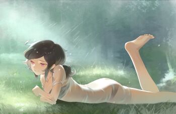 1girl ashley_graves ashleygrav84480 ass black_bra black_hair black_panties bra highres leg_up looking_to_the_side lying on_stomach panties pink_eyes ponytail rain the_coffin_of_andy_and_leyley underwear wet wet_clothes