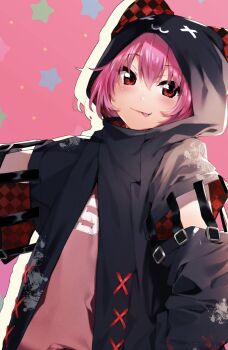 1girl animal_hood cat_hood character_request commission highres hood looking_at_viewer nakano_maru pink_background pink_eyes pink_hair short_hair skeb_commission smile solo star_(symbol) star_symbol_background