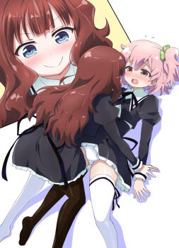 Rule 34 | 2girls, assault lily, black dress, black legwear, blue eyes, blush, brown hair, cut-in, dress, highres, hitotsuyanagi riri, kaede johan nouvel, leg ribbon, lying, multiple girls, panties, pantyshot, pink eyes, pink hair, pinned, ribbon, side ponytail, thigh ribbon, thighhighs, underwear, white legwear, yuri