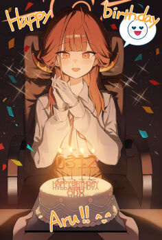 1girl 1other absurdres aru_(blue_archive) birthday_cake black_skirt blue_archive cake chair commentary dated_commentary demon_girl demon_horns food gloves halo happy_birthday high-waist_skirt highres horns long_hair long_sleeves okkimon on_chair open_mouth orange_eyes orange_halo palms_together pov red_hair shirt sitting skirt smile solo spoken_expression white_gloves white_shirt