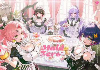 >_< 4girls absurdres ahoge alternate_costume amillion_(zenless_zone_zero) apron bangboo_(zenless_zone_zero) belle_(zenless_zone_zero) black_bow black_bowtie black_dress black_hair black_ribbon blue_hair bow bowtie bracelet breasts cake cake_slice cleavage closed_mouth colored_inner_hair comiket_107 commentary_request cover cover_page crossed_bangs curtains dress drill_hair drill_sidelocks earrings ellen_joe english_text enmaided fins fish_tail food food_request fork green_eyes hair_between_eyes hair_bow hair_ornament hairclip hand_on_own_hip heart highres holding holding_kettle holding_plate indoors jewelry kettle lamp large_breasts letter_hair_ornament long_hair looking_at_viewer maid maid_apron maid_headdress medium_breasts mole mole_on_breast mole_under_eye multicolored_hair multiple_girls necklace nicole_demara open_mouth parted_lips pastry pink_hair plate pointy_ears pudding purple_bow purple_hair razor_blade_hair_ornament red_eyes ribbon scar scar_on_tail shark_girl shark_tail short_hair sidelocks stuffed_toy table tail two_side_up vivian_banshee waist_apron white_apron white_bow white_bowtie window zenless_zone_zero zuco