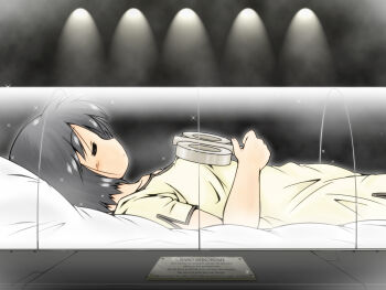 android black_hair china_dress chinese_clothes clip_studio_paint_(medium) commentary_request dress english_text engrish_text gaketsu highres implied_death lying nichijou plaque ranguage shinonome_nano sparkle winding_key