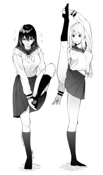 2girls byte_(allbyte) character_request copyright_request flexible highres monochrome multiple_girls split standing standing_on_one_leg standing_split tagme