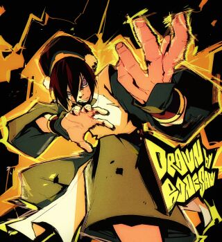 1girl absurdres artist_name avatar:_the_last_airbender avatar_legends black_hair blind bonesaw_(rdkshinku) element_bending green_hairband hair_bun hairband highres signature single_hair_bun solo toph_beifong