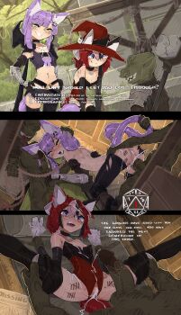 2girls absurdres animal_ears asymmetrical_legwear baldur's_gate baldur's_gate_3 black_boots black_choker blue_eyes body_writing boots bow cat_ears cat_girl cat_tail choker clenched_hand colored_skin commission crotchless cum cum_in_mouth cum_in_pussy cum_on_body cum_on_clothes cum_on_hair cum_on_legs cum_on_penis cum_string cumdrip dice doggystyle double_penetration dungeons_&amp;_dragons dungeons_&amp;_dragons ejaculation elbow_gloves english_text facial fang gameplay_mechanics gauntlets gloves goblin goblin_male green_eyes green_skin grin hat hetero highres indie_virtual_youtuber large_penis leotard midriff multiple_boys multiple_girls multiple_views navel nude penis purple_bow purple_hair rape red_hair scratches sequential sex sex_from_behind shuuko_(s_h_uuko) shwaa smile spread_legs strapless strapless_leotard tail tail_grab tally thigh_boots thighhighs torn_clothes uncensored uneven_legwear vaginal virtual_youtuber witch_hat