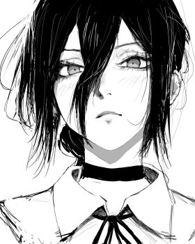 1girl chainsaw_man choker closed_mouth collared_shirt expressionless greyscale hair_between_eyes hair_bun highres inoitoh monochrome neck_ribbon reze_(chainsaw_man) ribbon shirt solo