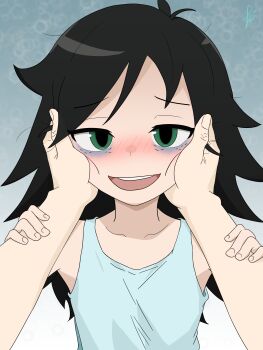 Rule 34 | 1girl, absurdres, ahoge, armpits, bags under eyes, bare shoulders, black hair, blush, clenched hands, collarbone, cuddling, facing viewer, female focus, fingernails, flat chest, green eyes, hands on another's face, hands up, happy, highres, isashamoko, kuroki tomoko, long hair, looking at viewer, messy hair, neck, open mouth, pov, pov adoring, pov hands, shirt, sidelocks, sleeveless, sleeveless shirt, smile, swept bangs, upper body, watashi ga motenai no wa dou kangaetemo omaera ga warui!