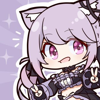 Rule 34 | 1girl, animal ear fluff, animal ears, black bow, black collar, black ribbon, black sleeves, black tube top, blush, bow, breasts, cat ears, chibi, collar, commentary request, criss-cross halter, detached collar, detached sleeves, double v, ear ribbon, frilled tube top, frills, hair bow, halterneck, highres, ina uruu, long hair, looking at viewer, low twintails, mariooo, medium breasts, midriff, nanashi inc., navel, open mouth, outline, pink eyes, purple background, purple hair, ribbon, smile, solo, sparkle, strapless, tube top, twintails, upper body, v, virtual youtuber, white outline