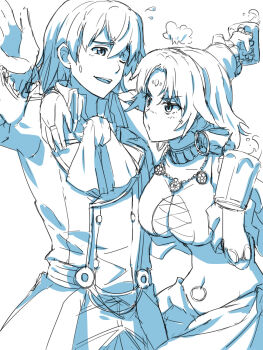 1boy 1girl alcohol beer blush breasts bridal_gauntlets chiharu_(9654784) cleavage_cutout clothing_cutout commentary_request couple cup drunk eiyuu_densetsu falcom highres holding holding_cup long_hair medium_hair monochrome olivert_reise_arnor open_mouth pout scherazard_harvey sen_no_kiseki sen_no_kiseki_(series) sen_no_kiseki_i sen_no_kiseki_iii sora_no_kiseki sweatdrop