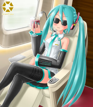 alcohol aqua_hair black_thighhighs cup drink drinking_glass e5_hayabusa glass gran_class hatsune_miku highres light long_hair naccha_(nawacchi) reclining red_carpet red_wine seat shinkansen skirt smile sunglasses sunlight thighhighs thighs train_interior twintails vocaloid window wine wine_glass