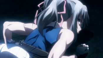 Rule 34 | 1girl, absurdres, animated, animated gif, ass, ass focus, black gloves, black shorts, blue eyes, blue vest, bluesy fluesy, bow, female focus, fingerless gloves, gloves, grey hair, hair bow, hair ribbon, highres, huge filesize, imminent anal, imminent penetration, imminent rape, imminent vaginal, knife sheath, legs, long hair, looking at viewer, looking back, lying, miniskirt, muscular arms, on stomach, pink bow, pink ribbon, pleated skirt, ponytail, ribbon, sexually suggestive, sheath, shorts, skirt, sleeveless, solo, solo focus, taboo tattoo, thighs, vest, white skirt