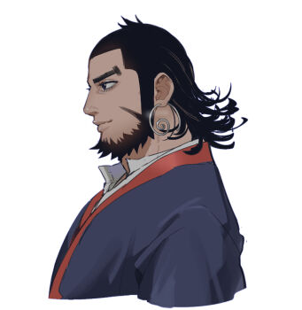 Rule 34 | 1boy, beard, black eyes, black hair, closed mouth, commentary request, cropped torso, earrings, facial hair, foxvulpine, golden kamuy, jewelry, kiroranke, male focus, mature male, profile, short hair, simple background, solo, upper body, white background