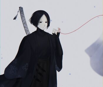 1boy black_eyes black_hair blunt_ends bob_cut changshik hakama highres japanese_clothes limbus_company long_sleeves looking_at_object male_focus pinky_out project_moon ren_(project_moon) solo solo_focus string string_of_fate sword sword_on_back sword_tassel tassel turtleneck weapon weapon_on_back