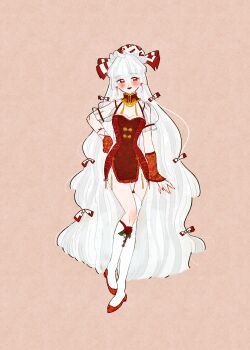 1girl absurdres adapted_costume alternate_costume asymmetrical_legwear bow brown_background china_dress chinese_clothes commentary_request dress fujiwara_no_mokou full_body hair_bow hakunemui highres kneehighs long_hair looking_at_viewer makeup partial_commentary puffy_short_sleeves puffy_sleeves red_arm_warmers red_dress red_eyes red_lips red_shoes see-through_clothes see-through_sleeves shoes short_dress short_sleeves single_thighhigh socks solo thighhighs touhou very_long_hair white_hair white_socks