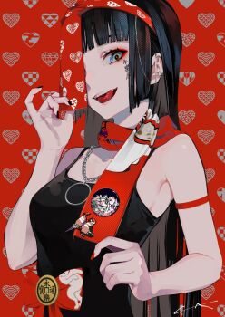 1girl armband asa_no_ha_(pattern) black_camisole black_hair black_nails blue_eyes blunt_bangs body_writing bow breasts camisole chain commentary ear_piercing egasumi eyelashes headband heart heart_background highres kanoko_(pattern) karakusa_(pattern) kojitsunagi_(pattern) lam_(ramdayo) long_hair looking_at_viewer medium_breasts multicolored_nails nail_polish one_eye_covered open_mouth original patterned_background piercing pin red_background red_bow red_nails red_scarf scarf seigaiha signature sleeveless smile solo spaghetti_strap straight_hair teeth tongue tongue_out upper_body uroko_(pattern) writing_on_face yagasuri