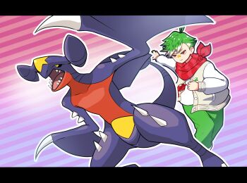 1boy antenna_hair bandana closed_mouth commentary daimonji_ryugon garchomp gen_4_pokemon green_hair green_pants highres letterboxed male_focus onpa_(onpa_sound) open_mouth outstretched_arm pants pokemon pokemon_(creature) red-tinted_eyewear red_bandana red_eyes sharp_teeth short_hair striped_background sunglasses symbol-only_commentary teeth tinted_eyewear virtual_youtuber voms