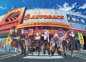 6+girls ahoge animal_ears autobacs bare_shoulders belno_light_(umamusume) belt black_gloves black_headband black_jacket black_jumpsuit black_overalls black_pants black_shorts blue_bow blue_eyes blue_sky blue_sports_bra blush boots bow braid braided_ponytail breasts brown_boots brown_hair building cleavage closed_mouth clothes_around_waist cloud criss-cross_halter crossed_arms ear_bow ear_covers ear_ornament ear_ribbon earrings flower gloves goggles goggles_around_neck goggles_on_head green_eyes grey_hair grey_tail grey_tank_top hair_between_eyes hair_flaps hair_flower hair_ornament hairband hairclip halterneck hat headband highres holding holding_unworn_clothes holding_unworn_hat holding_wrench horse_ears horse_girl horse_tail jacket jacket_around_waist jewelry jumpsuit large_breasts letter_hair_ornament lightning_bolt_symbol long_hair long_sleeves looking_at_viewer maruzensky_(umamusume) medium_breasts medium_hair midriff_peek mr._c.b._(umamusume) multicolored_hair multiple_girls navel official_art oguri_cap_(umamusume) one_eye_closed open_mouth outdoors overalls pants ponytail promotional_art purple_eyes sakura_chiyono_o_(umamusume) shirt shoes short_hair shorts single_earring sky sleeveless small_breasts smile socks sports_bra streaked_hair super_creek_(umamusume) symboli_rudolf_(umamusume) tail tamamo_cross_(umamusume) tank_top tool_belt tools two-tone_hair umamusume umamusume:_cinderella_gray unworn_hat unworn_headwear v very_long_hair white_belt white_hair white_socks white_sports_bra wrench yellow_shirt