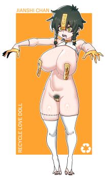 Rule 34 | 1girl, areola slip, bell, black hair, black pubic hair, border, braid, breasts, bridal legwear, commentary, drooling, empty eyes, female pubic hair, full body, gintm, gloves, green eyes, half gloves, highres, huge breasts, jiangshi, jingle bell, maebari, mouth drool, neck bell, nude, ofuda, ofuda on head, ofuda on nipples, ofuda on pussy, open mouth, orange background, original, outside border, outstretched arms, pasties, patchwork skin, pubic hair, shaded face, sharp teeth, short hair, simple background, solo, squiggle eyes, standing, stitched arm, stitched leg, stitches, teeth, thick thighs, thighhighs, thighs, twin braids, white border, white thighhighs, yellow gloves, zombie pose