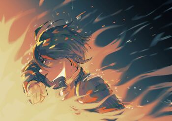 Rule 34 | 1boy, ahoge, black hair, black jacket, buttons, clenched hand, commentary request, danganronpa (series), danganronpa v3: killing harmony, determined, fire, from side, hair between eyes, highres, jacket, limited palette, long sleeves, male focus, parted lips, pinstripe jacket, pinstripe pattern, profile, saihara shuichi, shielding, short hair, sparks, striped clothes, sweat, upper body, wind, yellow eyes, zai ya