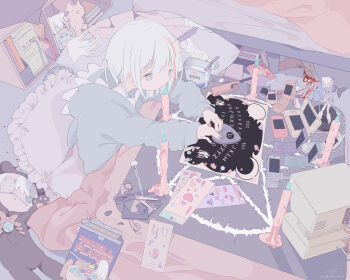 1girl artist_name axe bed blood blood_on_axe blood_on_ground blood_on_hands blue_eyes blue_fire blue_nails book cable candle cellphone cellphone_charm cereal_box character_doll charging_device charm_(object) computer cosplay crt dakimakura_(object) doll figure fire flip_phone frilled_pillow frills from_above fumo_(doll) handheld_game_console highres hood hood_down indoors kigurumi knife_in_head kotatsu lighter long_sleeves looking_at_object looking_away magic_circle messy_room mona_(2ch) monitor multicolored_hair nail_polish nintendo_3ds object_through_head original ouija outo_eguchi pen pentagram phone pillow ritual scissors shelf short_hair signature sitting sleeves_past_wrists solo static sticker streaked_hair stuffed_toy table tamagotchi twitter_username white_hair yogurt