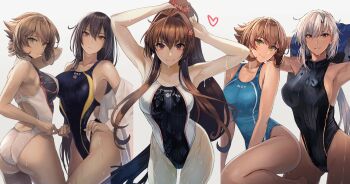 5girls adjusting_hair armpits arms_up ass black_hair black_one-piece_swimsuit blue_one-piece_swimsuit breasts brown_hair closed_mouth collarbone competition_swimsuit compilation dark-skinned_female dark_skin glasses green_eyes hair_between_eyes hair_intakes hair_lift hand_in_own_hair hands_in_hair highres holding holding_own_hair kantai_collection kasumi_(skchkko) knees_up large_breasts long_hair looking_at_viewer multiple_girls musashi_(kancolle) mutsu_(kancolle) nagato_(kancolle) off_shoulder one-piece_swimsuit ponytail red_eyes short_hair sidelocks simple_background smile straight_hair sweater swimsuit thighs two-tone_swimsuit tying_hair very_long_hair wet white_background white_hair white_sweater yamato_(kancolle)