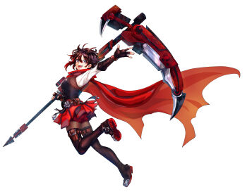 1girl absurdres arm_up ass black_footwear black_gloves black_hair cape commentary corset crescent_rose english_commentary eyelashes fingerless_gloves full_body gloves gradient_hair highres holding holding_scythe holding_weapon miku_(mikururun) multicolored_hair open_mouth pouch red_cape red_hair red_skirt ruby_rose rwby scythe short_hair shorts shorts_under_skirt simple_background skirt smile solo teeth weapon white_background