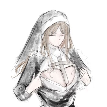 1girl absurdres bang_dream! bang_dream!_it's_mygo!!!!! brown_hair chinese_commentary closed_eyes closed_mouth commentary_request funame111 highres long_hair nagasaki_soyo nun sidelocks simple_background solo traditional_nun upper_body white_background