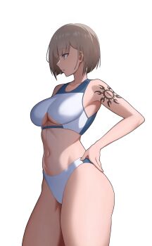 1girl bikini blue_eyes bob_cut breasts brown_hair cero_(last2stage) clothing_cutout commentary english_commentary from_side highres large_breasts navel original parted_lips short_hair shoulder_tattoo simple_background solo stomach swimsuit tattoo thighs underboob_cutout white_background white_bikini