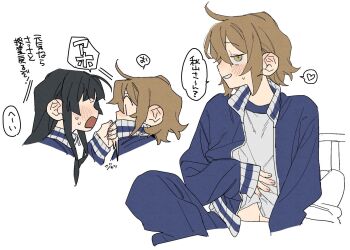 Rule 34 | 2girls, akiyama mio, dayama, highres, japanese text, k-on!, multiple girls, navel, school uniform, seductive gaze, sleeves past wrists, tainaka ritsu, yuri