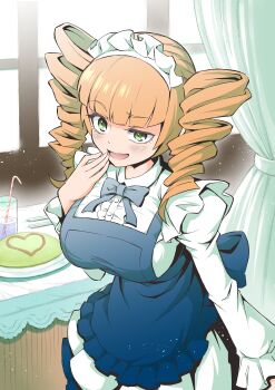 1girl absurdres apron blonde_hair blue_apron blue_bow blue_bowtie bow bowtie commentary_request cup curtains dress drill_hair drinking_glass drinking_straw food green_eyes hand_to_own_mouth highres indoors jikkyou_powerful_pro_yakyuu ketchup looking_at_viewer maid maid_apron maid_headdress natsume_jun omelet omurice open_mouth pawahotel3021 power_pro_kun_pocket power_pro_kun_pocket_9 solo twin_drills white_dress