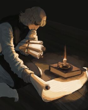 Rule 34 | 1boy, badeni, black tabard, blonde hair, book, chi.: chikyuu no undou ni tsuite, eyepatch, highres, holding, holding scroll, male focus, mede teru, medium hair, on floor, parchment, scar, scar on face, scar on mouth, scar on nose, scroll, solo, tabard, tonsure