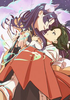 1boy 1girl absurdres animal_ear_fluff animal_ears bandaged_wrist bandages beads claws clenched_teeth dangomochi2 fingernails fox_ears fox_tail furrowed_brow green_eyes hair_beads hair_ornament hair_ribbon hetero highres holding holding_smoking_pipe japanese_clothes jinshi_(kusuriya_no_hitorigoto) kitsune kusuriya_no_hitorigoto kyuubi light_smile long_hair looking_at_another maomao_(kusuriya_no_hitorigoto) miko multiple_tails parted_bangs parted_lips purple_hair red_nails red_skirt ribbon sandals sharp_fingernails sidelocks skirt smoking_pipe tabi tail teeth white_ribbon