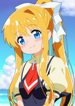 Rule 34 | 1girl, air (visual novel), blonde hair, blue eyes, blush, closed mouth, cloud, cross, day, dot nose, feet out of frame, female focus, johnko , kamio misuzu, long hair, looking at viewer, outdoors, school uniform, sky, smile, solo, standing