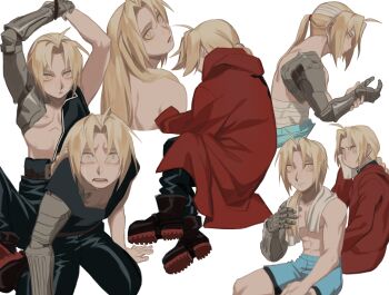 Rule 34 | 1boy, absurdres, ahoge, arms up, automail, bandaged torso, black jacket, black pants, blonde hair, blue shorts, boots, braid, braided ponytail, brown boots, cbow, closed mouth, commentary, crying, curtained hair, edward elric, from behind, fullmetal alchemist, hair tie, highres, jacket, long hair, looking back, male focus, mechanical arms, multiple views, pants, ponytail, shoe soles, shorts, simple background, single mechanical arm, sitting, tank top, tears, topless male, towel, towel around neck, white background, yellow eyes