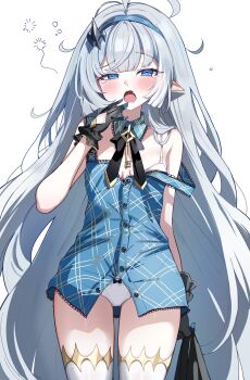 1girl absurdres ahoge arm_behind_back bad_id bad_twitter_id black_bow black_gloves blue_eyes blue_hairband bow bow_panties fang female_tyrant_(stella_sora) gloves grey_hair hairband hand_up has_bad_revision has_censored_revision highres long_hair open_mouth panties pointy_ears sak_(lemondisk) simple_background sleepy solo standing stella_sora tearing_up thighhighs tyrant_(stella_sora) underwear very_long_hair white_background white_panties white_thighhighs yawning