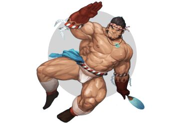 Rule 34 | 1boy, abs, absurdres, bara, bulge, clothes down, fangs, full body, fundoshi, hachimaki, hand fan, headband, highres, holding, holding fan, japanese clothes, jewelry, large pectorals, long sideburns, looking at viewer, magatama, magatama necklace, male focus, mature male, muscular, muscular legs, muscular male, necklace, nejiri hachimaki, nipples, pectorals, sarashi, short hair, sideburns, smile, solo, stomach, tajikarao (housamo), thighs, tokyo houkago summoners, topless male, traver009