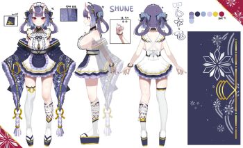 1girl artist_request asymmetrical_legwear bead_bracelet beads black_nails black_sleeves bow bracelet breasts center_frills cleavage closed_mouth color_guide detached_sleeves dress frilled_dress frills gradient_hair grey_bow grey_hair hair_bow highres horns jewelry large_breasts maid_headdress mole mole_under_eye multicolored_hair multiple_views platform_clogs platform_sandals purple_hair red_eyes reference_sheet sandals second-party_source see-through_cleavage see-through_clothes shune_(virtual_hertz) sideboob sleeves_past_fingers sleeves_past_wrists thighhighs virtual_hertz virtual_youtuber white_bow white_thighhighs