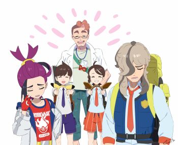 1girl 4boys arven_(pokemon) backpack bag blue_vest brown_hair closed_eyes collared_shirt commentary florian_(pokemon) glasses gloves grin hair_over_one_eye highres holding jacket juliana_(pokemon) kieran_(pokemon) lanyard long_sleeves multicolored_hair multiple_boys naranja_academy_school_uniform necktie nintendo open_clothes open_jacket open_mouth orange_necktie orange_shorts partially_fingerless_gloves poke_ball_print pokemon pokemon_sv pokepark_kanto professor_sekkoku purple_hair red_gloves red_tank_top school_uniform shirt shorts simple_background smile sweat tank_top tli_eilt_pk uva_academy_school_uniform vest white_background