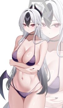1girl aged_up alternate_breast_size_(larger) bare_shoulders bikini black_hair blue_archive blush breasts choker cleavage collarbone commentary_request crossed_arms demon_horns demon_wings ear_piercing gradient_hair grey_hair grey_halo groin hair_between_eyes halo highres horns kayoko_(blue_archive) large_breasts looking_at_viewer low_wings multicolored_hair navel piercing purple_bikini red_eyes shirota_(shirotadefu5) single_wing solo swimsuit thighs two-tone_hair wings