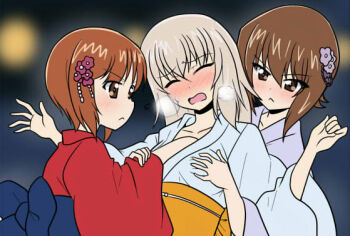 3girls alternate_costume blush brown_eyes brown_hair girls_und_panzer grabbing_another's_breast grey_hair groping hand_in_another's_clothes itsumi_erika japanese_clothes kimono long_hair molestation multiple_girls nishizumi_maho nishizumi_miho short_hair wakku_kan