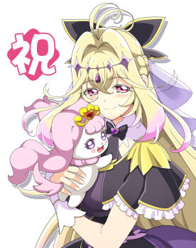 Rule 34 | 1girl, animal, antenna hair, black bow, black capelet, black dress, blonde hair, bow, braid, brooch, capelet, closed mouth, commentary, cure arcana shadow, diamond hairband, dog, dot nose, dress, fingernails, frilled capelet, frills, gem, go! princess precure, gradient hair, hair bow, hair intakes, heart, heart brooch, highres, holding, holding animal, holding dog, in-franchise crossover, jewelry, kohsaka jun, magical girl, meitantei precure!, moria luluka, multicolored hair, pink hair, precure, puff (go! princess precure), purple eyes, purple gem, purple veil, smile, split mouth, touyama nao, translated, upper body, veil, voice actor connection, white background, white wrist cuffs, wrist cuffs