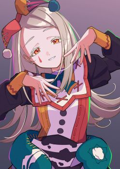 1girl absurdres black_shirt blonde_hair bow bowtie collared_shirt colored_eyelashes commentary_request earrings fancy_dress_party_(idolmaster) flipped_hair gakuen_idolmaster gradient_background green_bow green_bowtie hands_up hat head_tilt highres idolmaster jester jester_cap jewelry juliet_sleeves kafueore long_hair long_sleeves looking_at_viewer multicolored_hat multicolored_shirt open_mouth orange_bow orange_bowtie orange_eyes orange_hair parted_bangs puffy_sleeves red_shirt shinosawa_hiro shirt smile solo stud_earrings stuffed_toy teardrop_facial_mark two-tone_bow two-tone_bowtie upper_body white_shirt