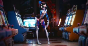 1girl 3d absurdres adapted_costume arcade_cabinet arm_up blowing_bubble_gum blurry breasts brown_hair chewing_gum d.va_(overwatch) depth_of_field facial_mark full_body gun headphones highres holding holding_gun holding_weapon long_hair looking_at_viewer medium_breasts navel nipples non-web_source overwatch pigeon-toed revealing_clothes solo source_request standing weapon whisker_markings yeero