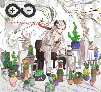 1girl abstract_background absurdly_detailed_composition absurdres alternate_costume arknights bag beaker black_bra black_shoes bra breasts bubble cactus chair cleavage coffee_maker coffee_siphon collarbone dugen expressionless full_body gradient_horns hand_up hashtag-only_commentary high_heels highres holding horns jacket leaning_forward loaded_interior long_hair long_sleeves looking_at_viewer midriff_peek multicolored_horns on_chair open_clothes open_jacket orange_eyes orange_horns pants plant potted_plant rhine_lab_logo saria_(arknights) sculpture shoes sideways_glance sitting small_breasts solo spiked_tail succulent_plant suit_jacket tail tail_raised too_many underwear white_jacket white_pants wings