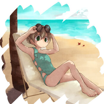 Rule 34 | 1girl, adjusting eyewear, alternate costume, beach, brown hair, chair, commentary request, crab, eyewear on head, green eyes, highres, koakana-desu, lounge chair, lying, maka albarn, no pupils, one-piece swimsuit, palm tree, reclining, seascape, single-shoulder one-piece swimsuit, solo, soul eater, swimsuit, tareme, tree