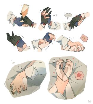 !? ... 2girls arknights bite_mark bite_mark_on_hand black_gloves black_nails blue_gloves bracelet champagne_flute cup drink drinking_glass fingerless_gloves gloves hand_focus heart highres holding holding_another&#039;s_wrist holding_drink holding_hands interlocked_fingers jewelry lappland_(arknights) multiple_girls seri_(vyrlw) simple_background spoken_ellipsis spoken_heart spoken_interrobang sweat texas_(arknights) white_background yuri
