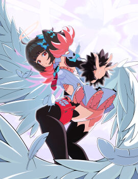 Rule 34 | 1girl, :o, absurdres, ahoge, ass, black hair, black thighhighs, blunt bangs, breasts, clothing cutout, commentary request, detached sleeves, dress, fakeseal2, falling feathers, feathers, frilled dress, frills, from side, halo, highres, korean commentary, looking at viewer, medium breasts, multicolored hair, nangong yu, navel, navel cutout, pink hair, reaching, reaching towards viewer, red eyes, shorts, shorts under skirt, solo, thighhighs, thighs, two-tone hair, white dress, wings, zenless zone zero