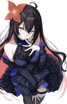 Rule 34 | 1girl, ahoge, alternate costume, black dress, black hair, black thighhighs, breasts, colored inner hair, dress, flower, hair flower, hair ornament, highres, honkai (series), honkai impact 3rd, large breasts, looking at viewer, multicolored hair, red eyes, red hair, seele (alter ego), seele vollerei, simple background, solo, thigh strap, thighhighs, thighs, two-tone hair, unifox0123, white background