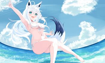 1girl ahoge animal_ear_fluff animal_ear_piercing animal_ears arm_up armpits bikini blush breasts cleavage cloud cloudy_sky foot_out_of_frame fox_ears fox_girl fox_tail green_eyes hair_between_eyes highres hololive long_hair medium_breasts natsuki_(natsu_1936) navel open_mouth pentagram shirakami_fubuki sky smile solo stomach swimsuit tail very_long_hair white_bikini white_hair